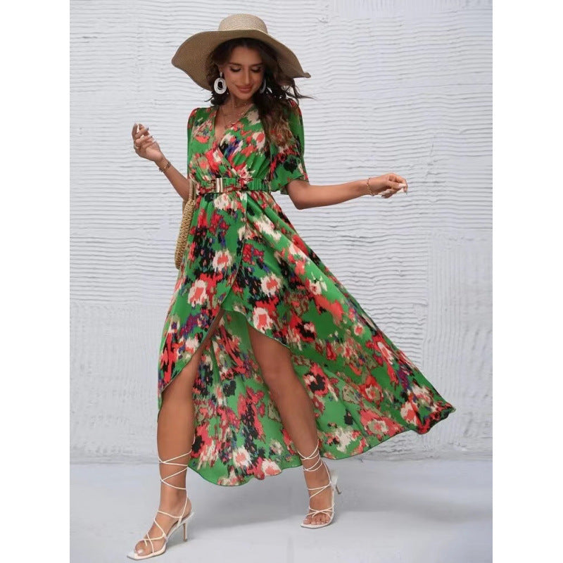 Damen Maxikleid mit elegantem Wickelausschnitt und floralem Design R&B