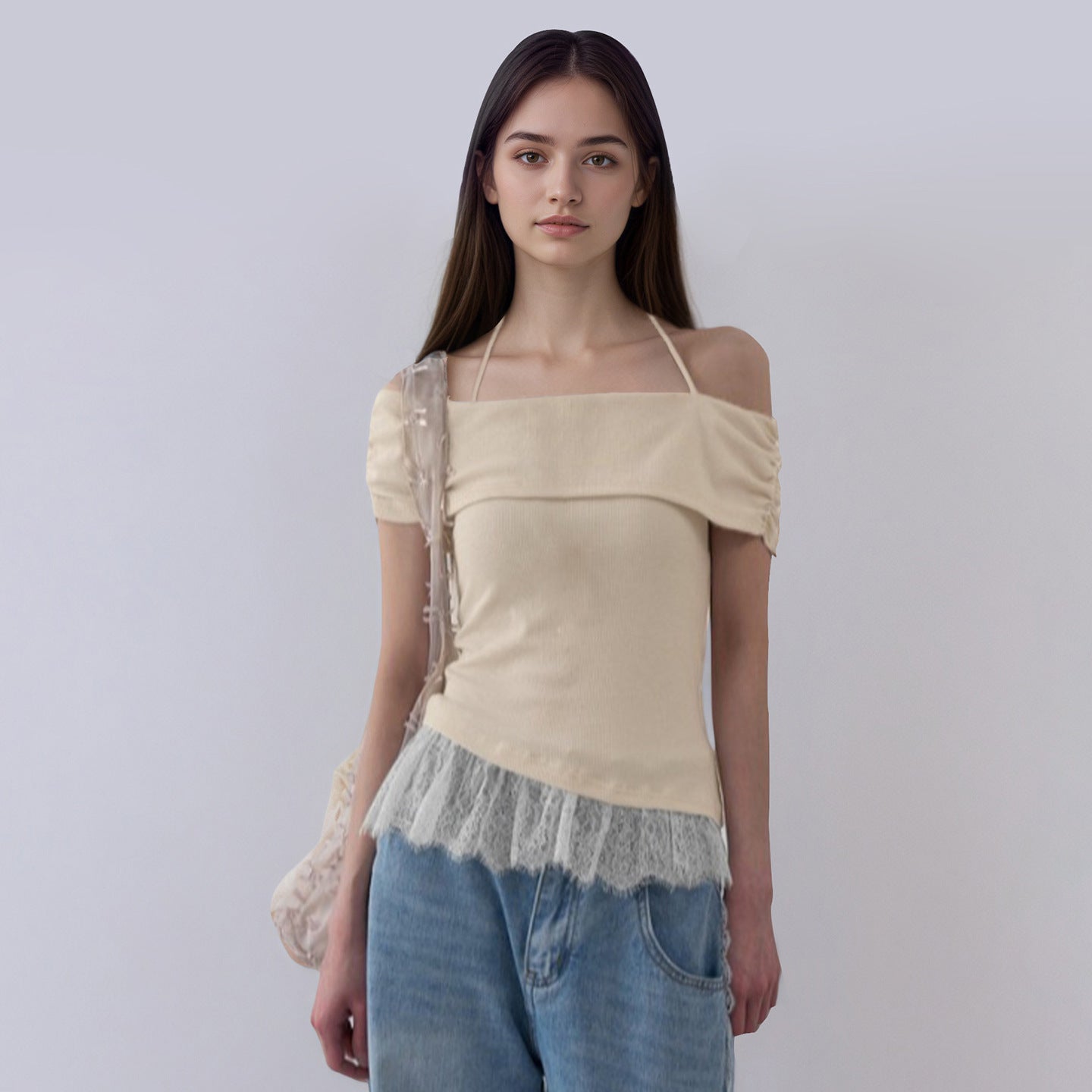 Damen Off-Shoulder Oberteil mit Rüschensaum R&B