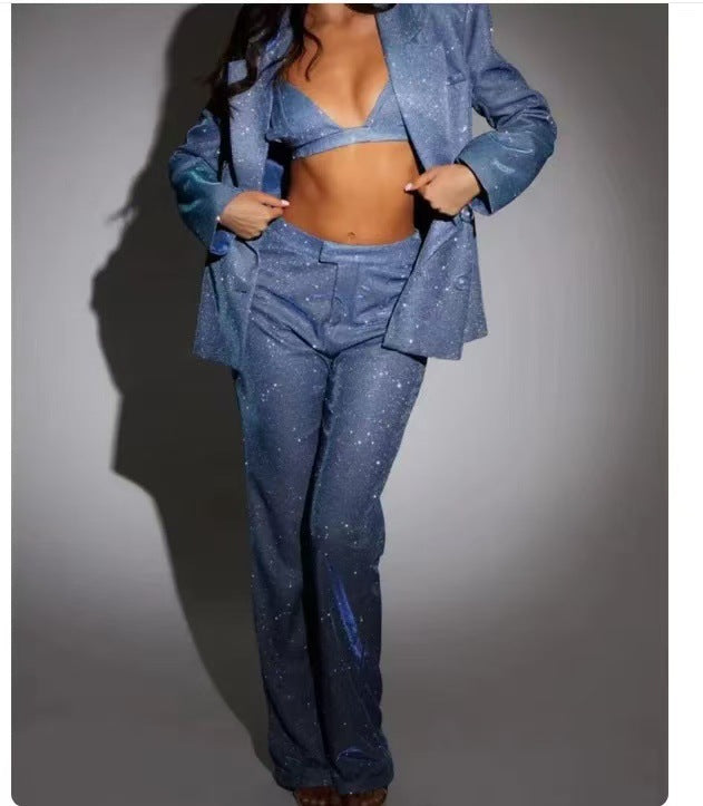 Damen Glitzerndes Anzugset mit Crop-Top und Flared Pants R&B