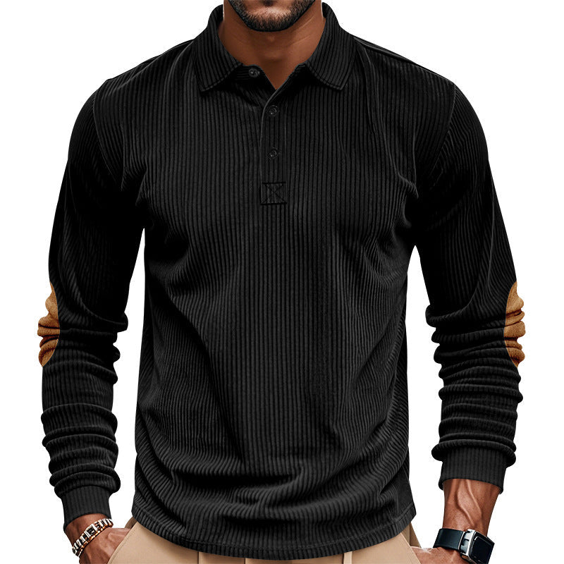 Herren nan schwerer gerippter Baumwoll-Polo-Pullover mit Kentkragen dreifach-Knopfleiste und Wildleder-Ellenbogenpatches R&B