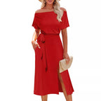 Damen Off-Shoulder Maxikleid mit Taillengürtel und seitlichem Schlitz R&B
