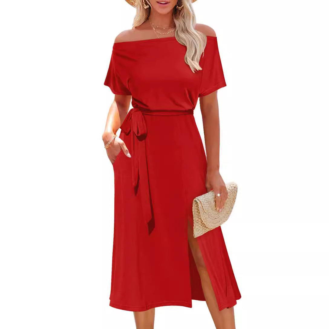 Damen Off-Shoulder Maxikleid mit Taillengürtel und seitlichem Schlitz R&B
