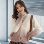 Damen modischer Strickcardigan mit elegantem Kunstfell und Knopfleiste R&B
