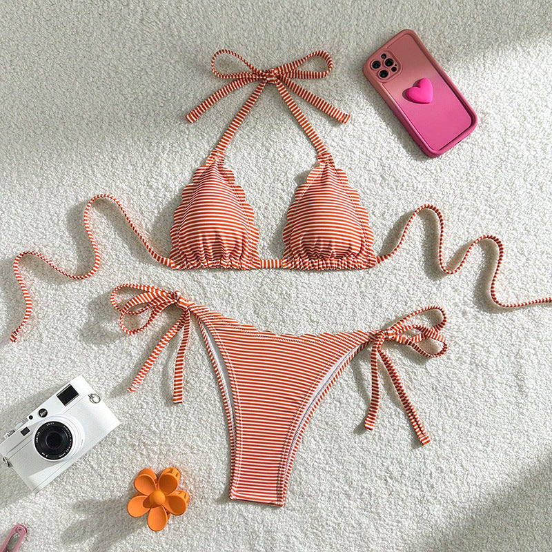 Damen Triangel-Bikini-Set mit verspieltem Rüschendesign und verstellbaren BindR&Bändern R&B