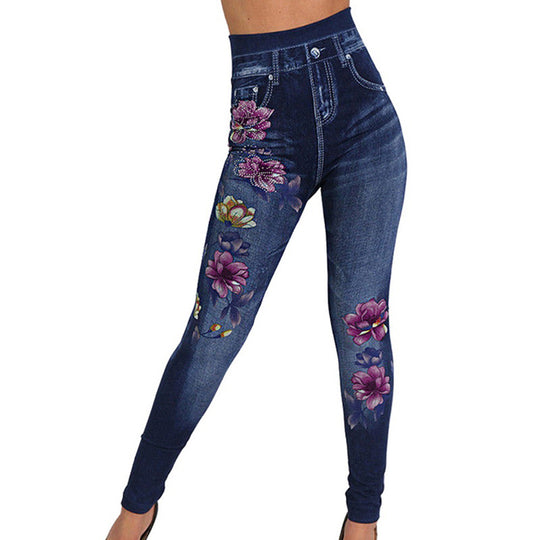 Damen Hochtaillierte Leggings im Jeans-Look mit floralem Motiv R&B
