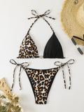 Damen Triangel-Bikini-Set mit elegantem Leopardenmuster und modischen Schnürdetails R&B
