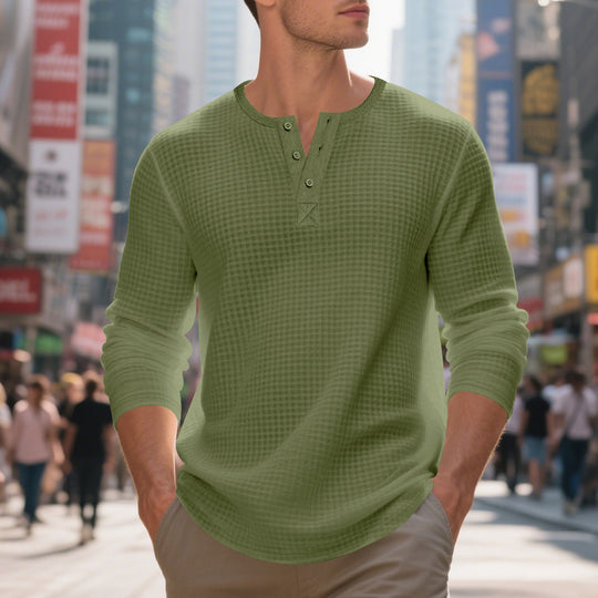 Herren nan thermoregulierendes Waffel-Thermalshirt mit Kurzknopfleiste und gerundetem Saum R&B