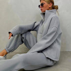 Damen sportlicher Fleece-Pullover und Jogginghose-Set mit hohem Kragen