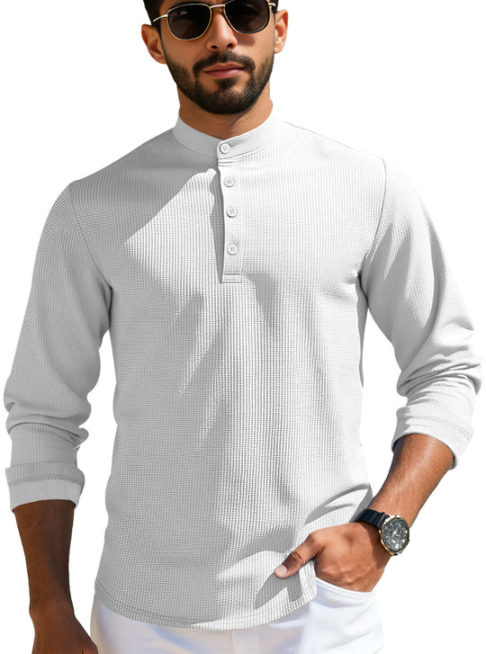 Herren nan strukturiertes Langarm-Henley mit Nehru-Kragen und Ton-in-Ton-Knopfleiste R&B