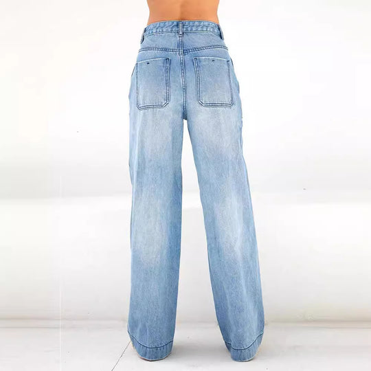Damen weite Jeans mit hohem Bund und lässigem Schnitt R&B