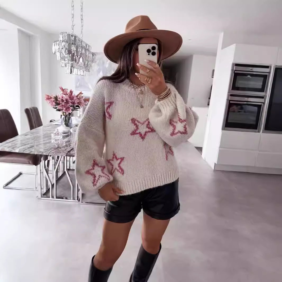 Damen Strickpullover mit Sternen-Design und weit ausgestellten Ärmeln R&B