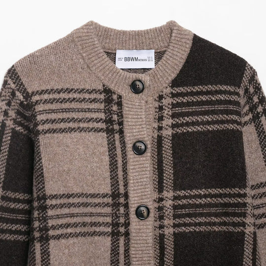 Damen lässige Karostrickjacke mit Knopfverschluss R&B