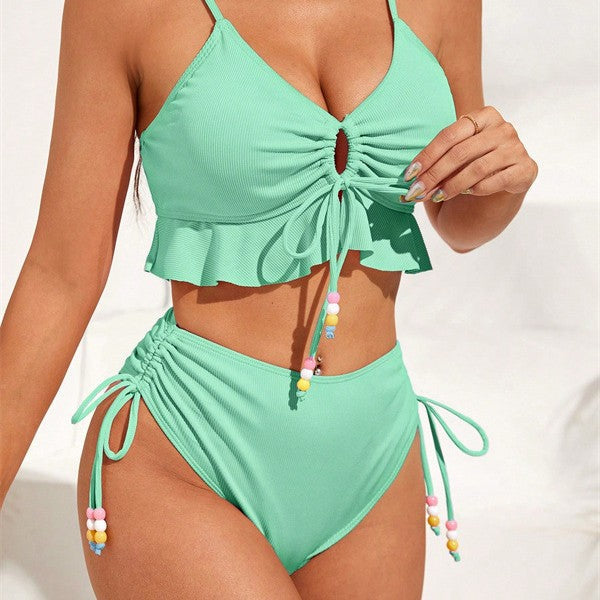 Damen Zweiteiliges Bikiniset mit gerafftem Oberteil und dekorativen Zierbändern R&B