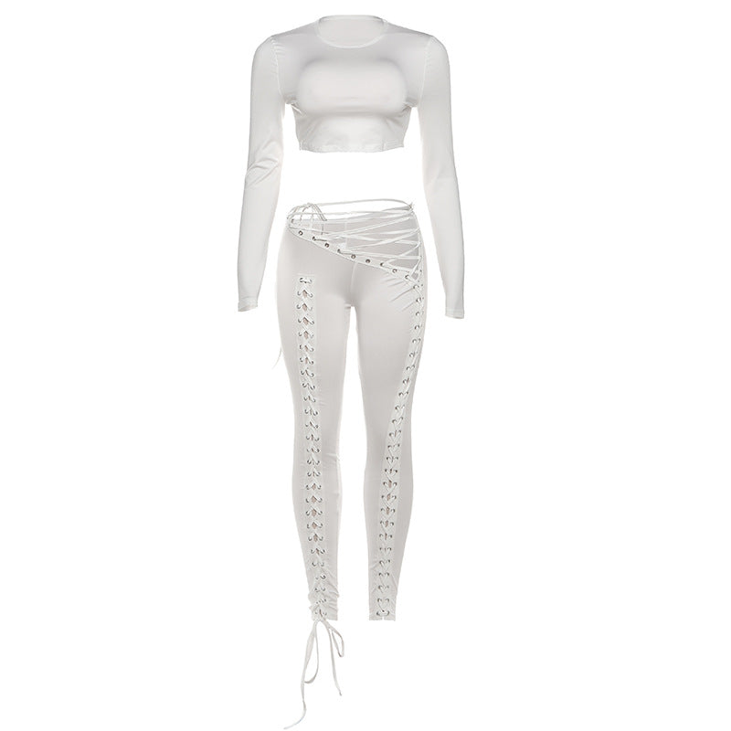 Damen Crop-Top und Hoch geschnittene Leggings mit Schnürdetails R&B