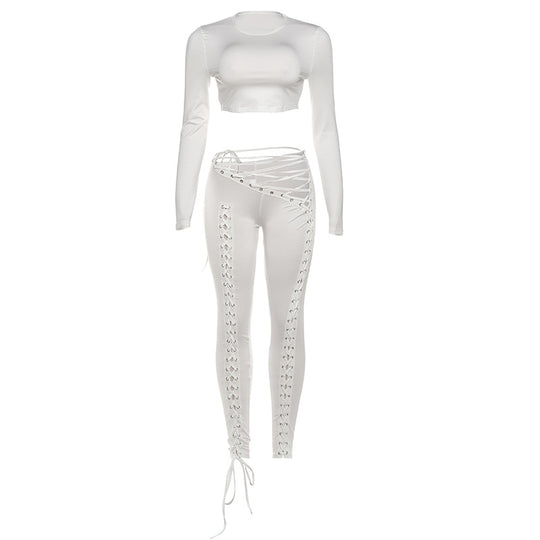 Damen Crop-Top und Hoch geschnittene Leggings mit Schnürdetails R&B