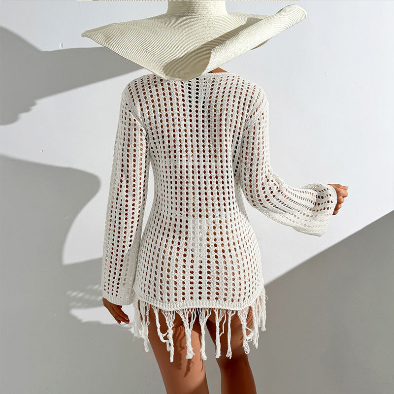 Damen Häkel-Strandüberwurf mit fransigem Saum und dekorativem Netzdesign R&B