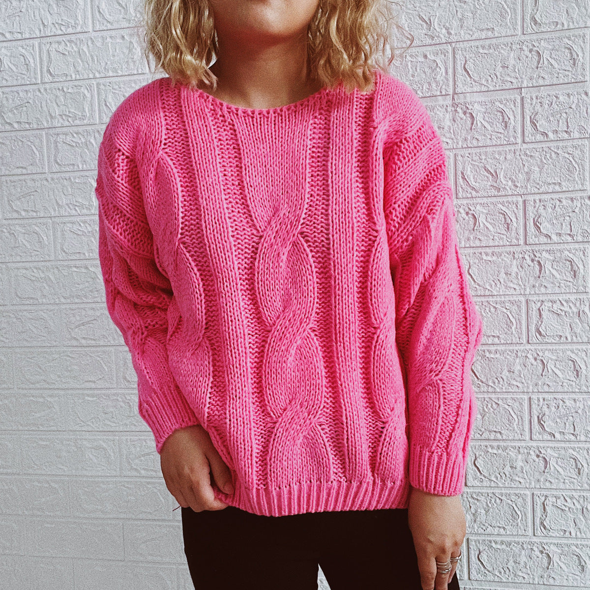 Damen Grobstrickpullover mit auffälligem Zopfmuster und weitem Schnitt R&B