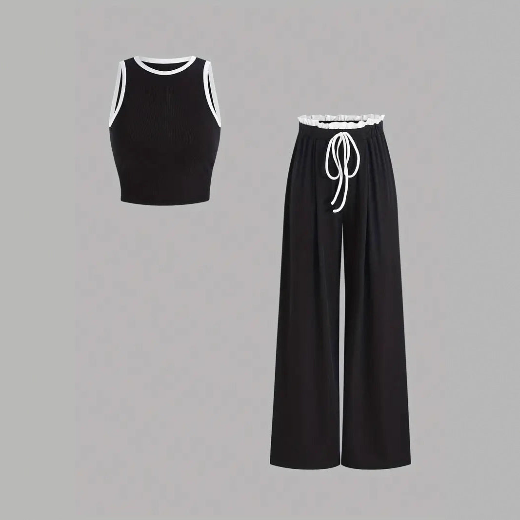 Damen stylishes Sport-Set mit hoch taillierter Weitbein-Hose und sportlichem Bustier R&B
