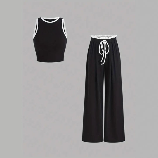 Damen stylishes Sport-Set mit hoch taillierter Weitbein-Hose und sportlichem Bustier R&B