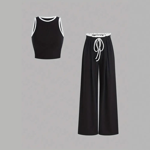 Damen stylishes Sport-Set mit hoch taillierter Weitbein-Hose und sportlichem Bustier R&B