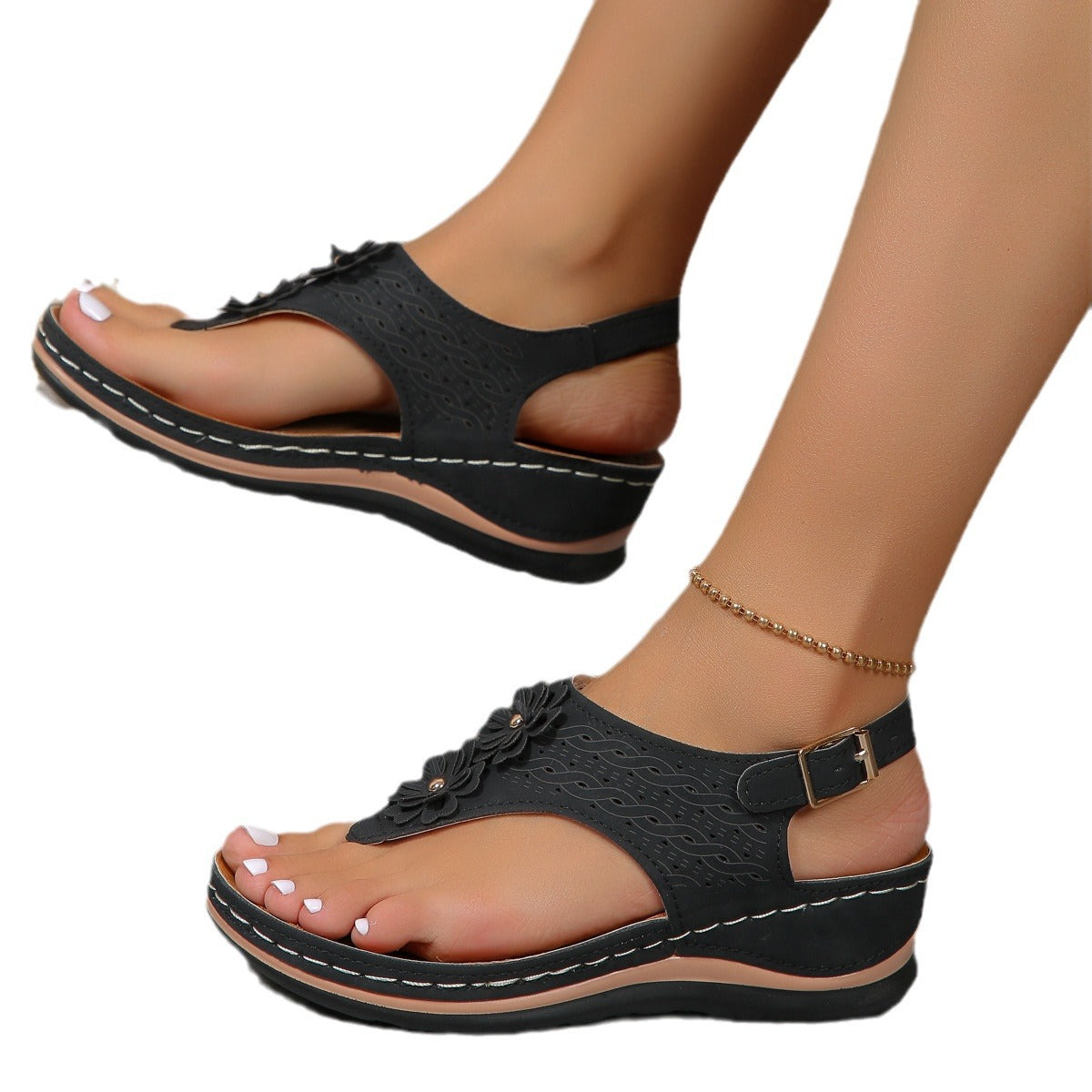 Damen modische Zehentrenner-Sandalen mit floralem Design und rutschfester Sohle R&B