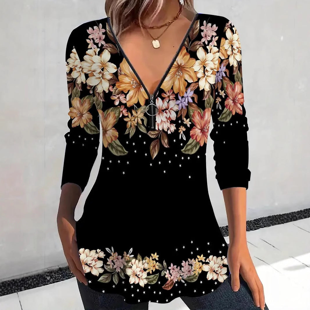 Damen Langarmshirt mit Reißverschluss und floralem Muster R&B
