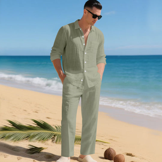 Herren leichtes Leinen-Outfit mit stilvollem Hemd und eleganter Hose R&B