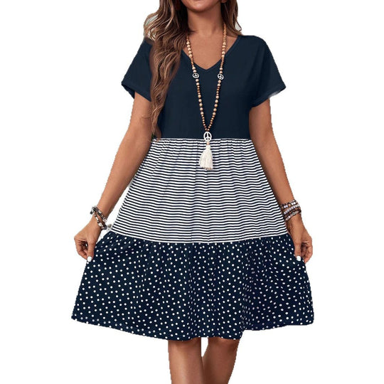 Damen Freizeitkleid mit V-Ausschnitt und modischen Musterkombinationen R&B