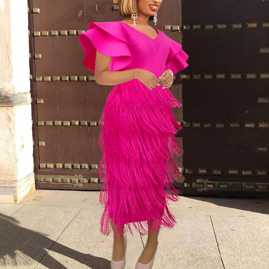 Damen Fransen Maxikleid mit voluminösen Rüschensäumen R&B