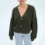 Damen lässiger Strickjacke mit voluminösen Ärmeln und modernen Knopfdetails R&B