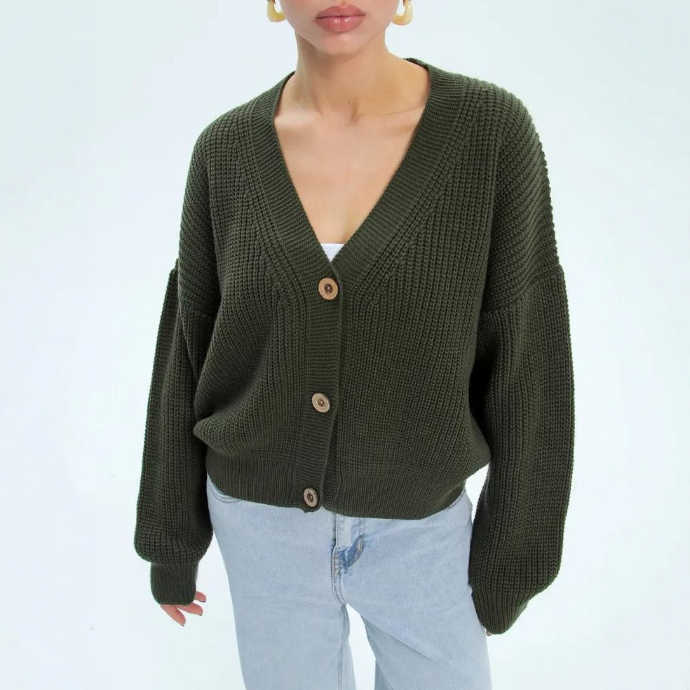 Damen lässiger Strickjacke mit voluminösen Ärmeln und modernen Knopfdetails R&B