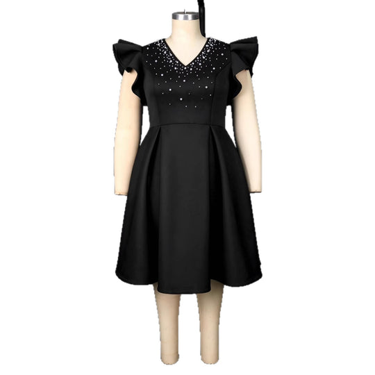 Damen A-Linien Kleid mit glitzernden Perlen und voluminösen Ärmeln R&B