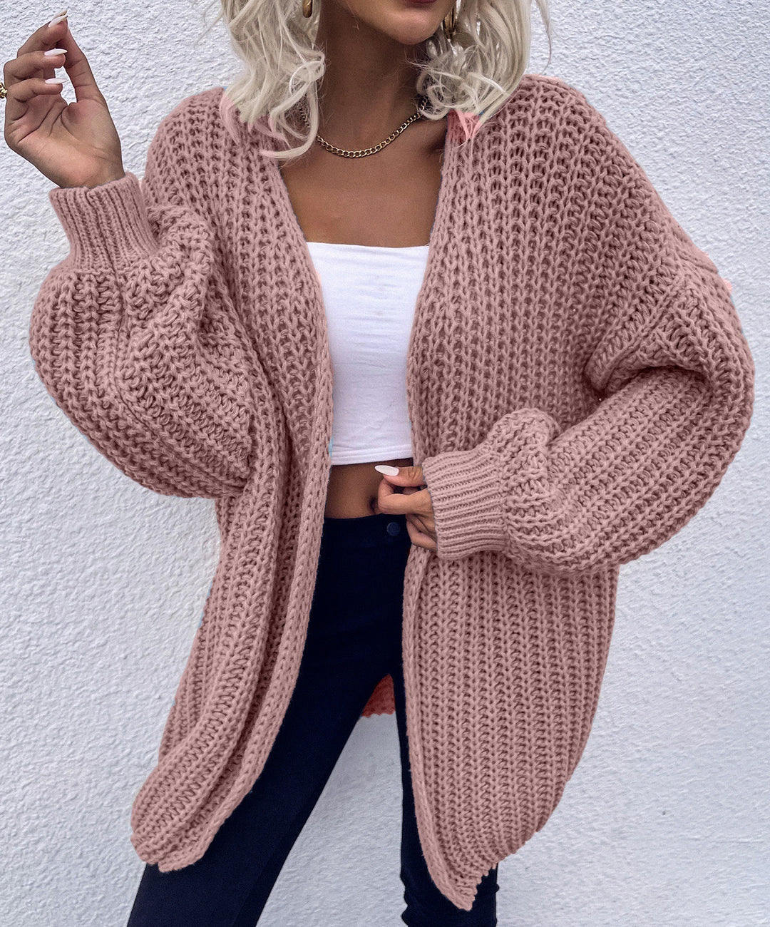 Damen lässiger Grobstrick-Cardigan mit tiefen Taschen und voluminösen Ärmeln R&B