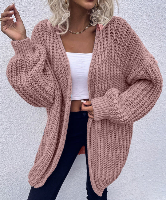 Damen lässiger Grobstrick-Cardigan mit tiefen Taschen und voluminösen Ärmeln R&B