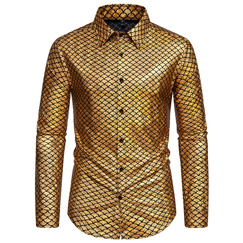 Herren schimmerndes Langarmhemd mit Fischschuppen-Design R&B