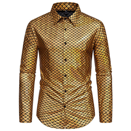 Herren schimmerndes Langarmhemd mit Fischschuppen-Design R&B