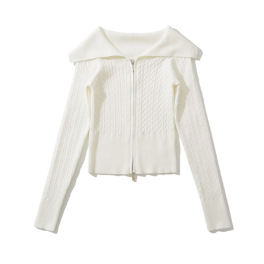 Damen modische Strickjacke mit weitem Kragen und Reißverschluss R&B