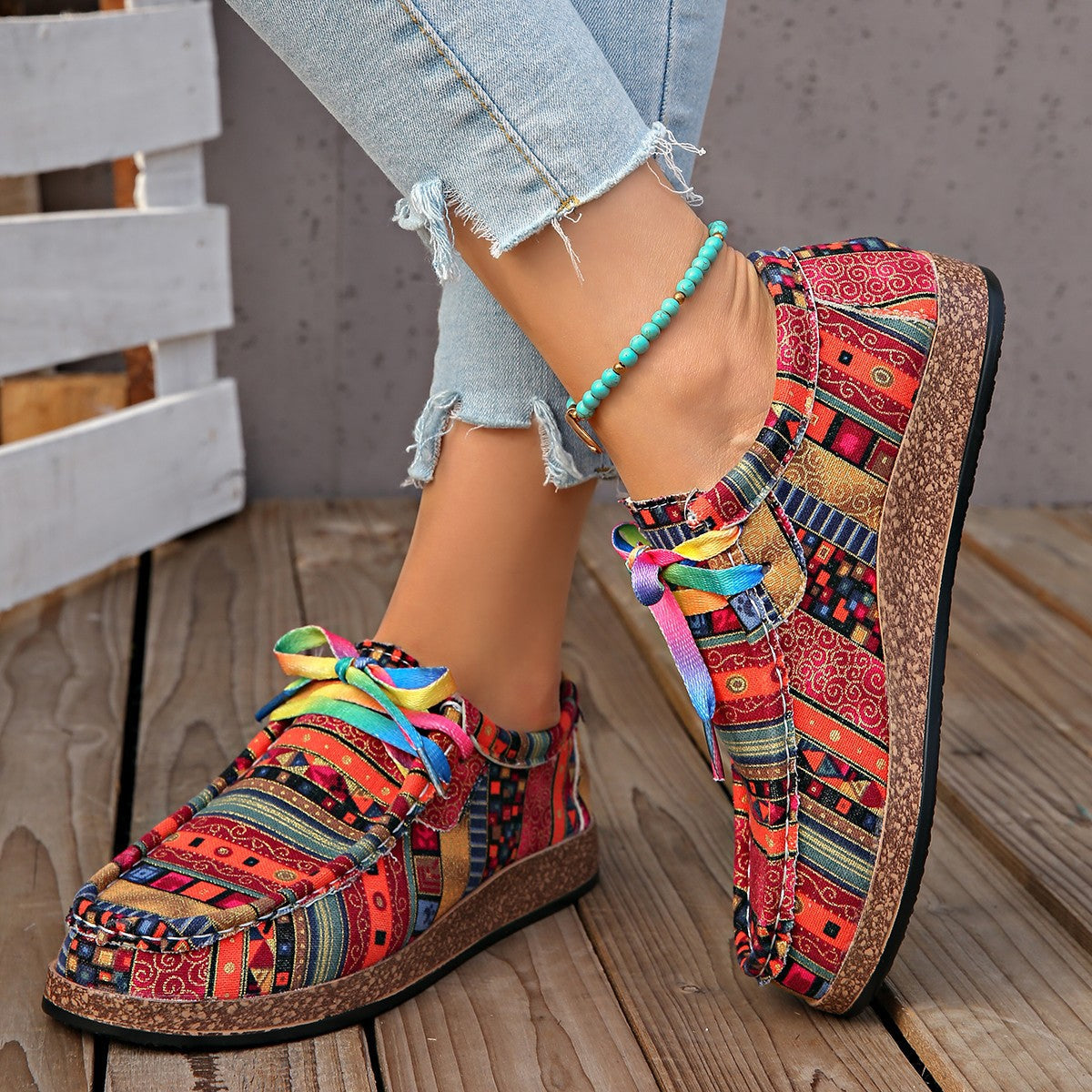 Damen Freizeitschuhe mit buntem Textilmuster und bequemer Gummisohle R&B