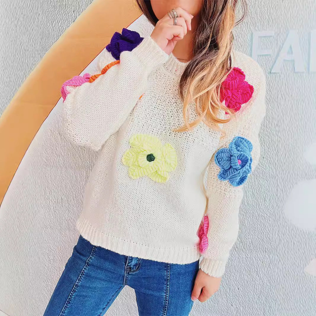 Damen kuscheliger Strickpullover mit floralem 3D-Motiv R&B
