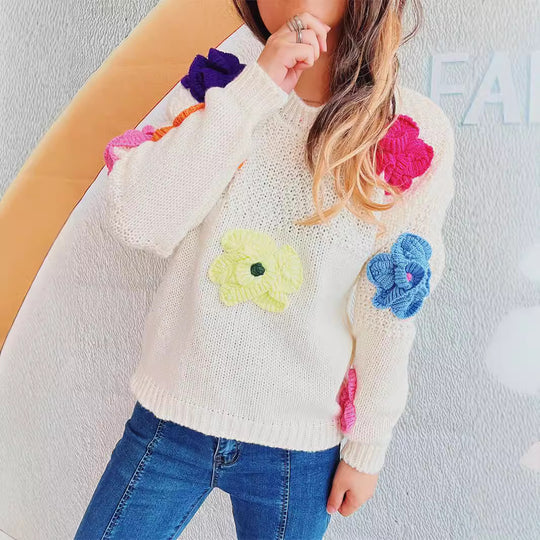 Damen kuscheliger Strickpullover mit floralem 3D-Motiv R&B