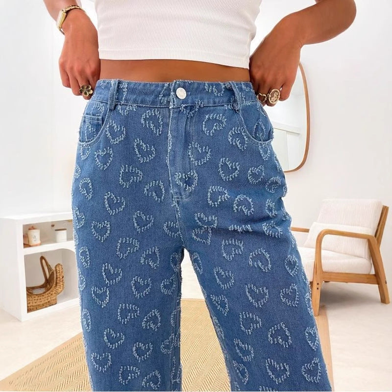Damen High-Waist Jeans mit einzigartigem Herzchen-Muster und bequemer Passform R&B