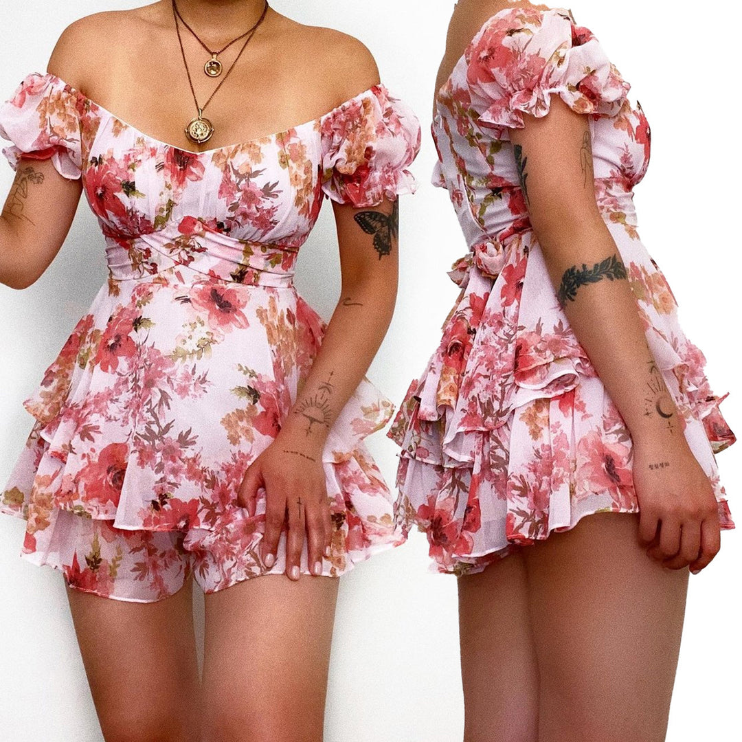 Damen Kurzarm Overall mit romantischem Blumenmuster und fließendem Schnitt R&B