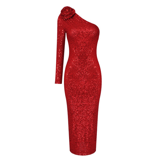 Damen Glamouröses Abendkleid mit einseitigem Schulterdesign und Paillettenbesatz R&B
