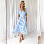Damen Midi-Kleid mit grafischem Auschnitt und Puffärmeln R&B