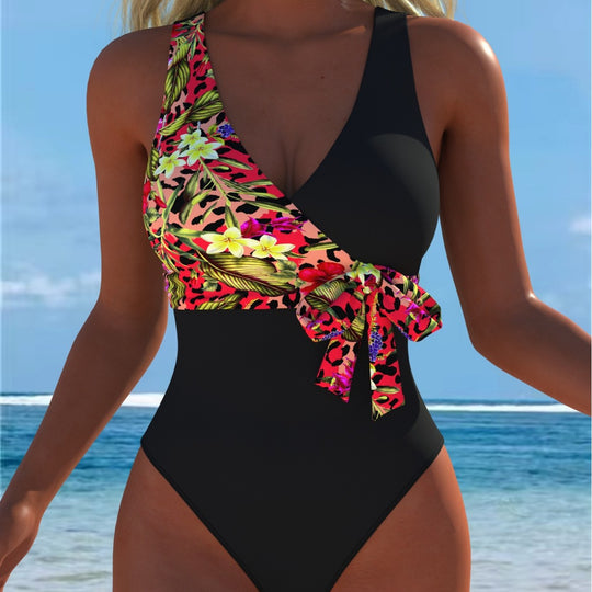 Damen einteiliger Badeanzug mit floralem Wickeldesign und modischem Schwarz R&B