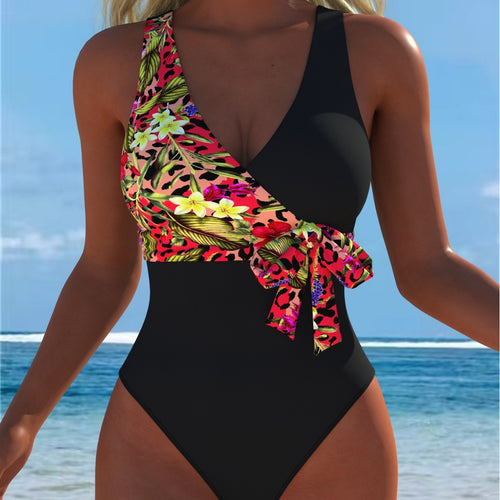 Damen einteiliger Badeanzug mit floralem Wickeldesign und modischem Schwarz R&B