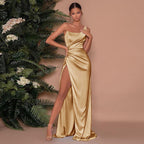 Damen Elegantes Wickelkleid mit asymmetrischem Schlitz und fließendem Satin R&B