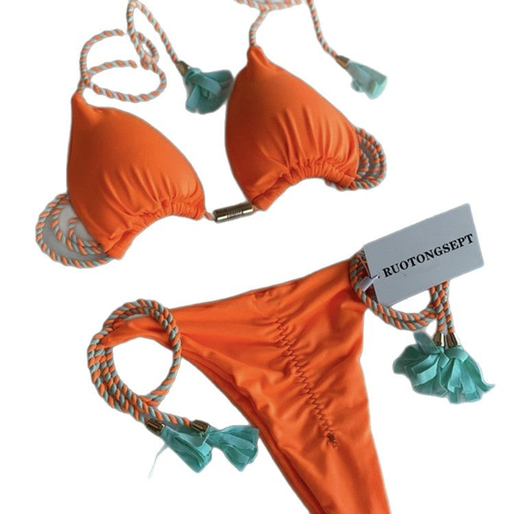 Damen Triangel-Bikini mit modischem Leopardenmuster und dekorativen Quasten R&B