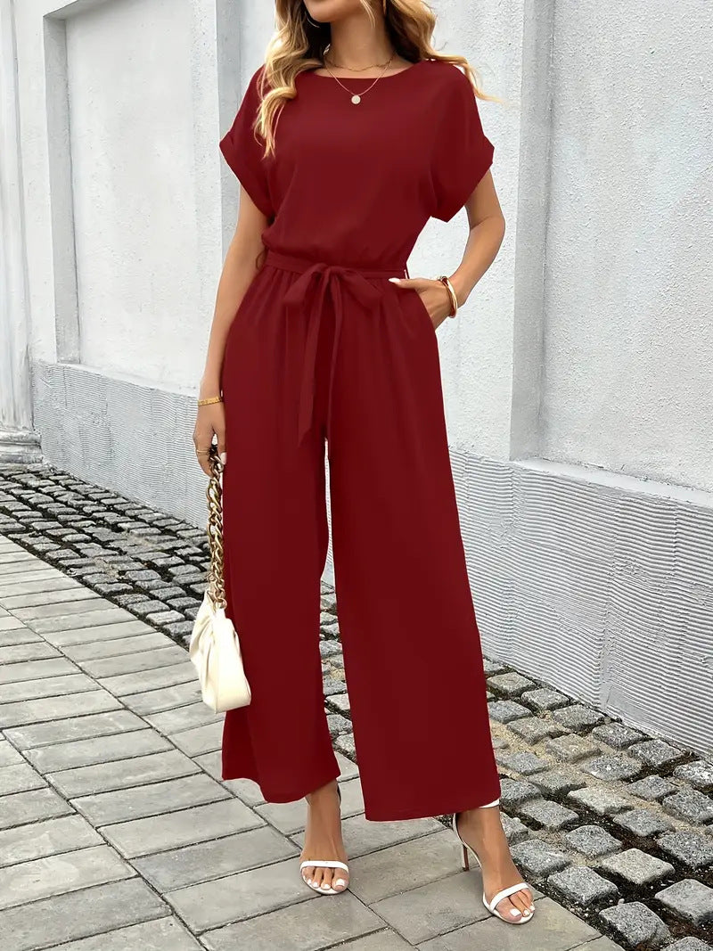 Damen Eleganter Jumpsuit mit weitem Bein und Taillenknoten R&B