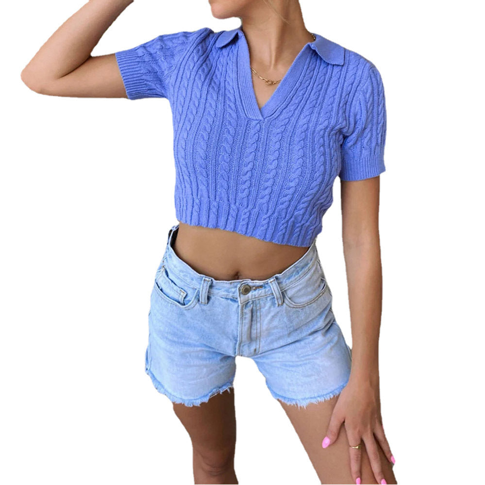 Damen Kurzarm-Pullover mit V-Ausschnitt und edler Kabelmusterstruktur R&B